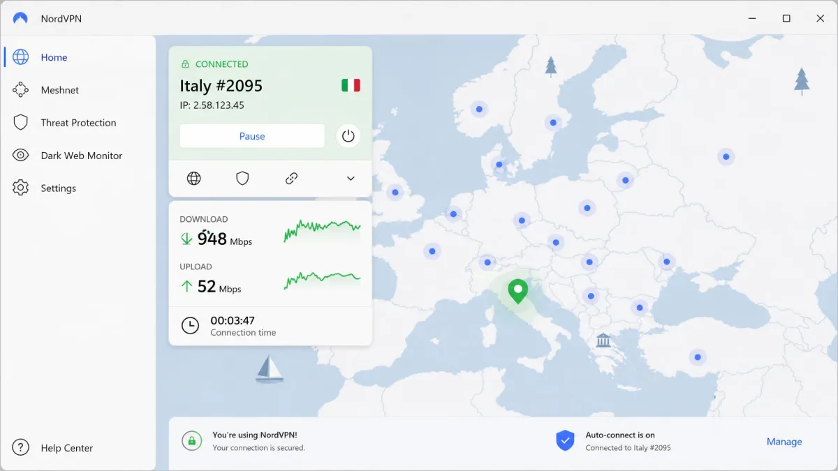 NordVPN desktop app connected to an Italy server with a green connected banner and a speed readout showing a high download rate.