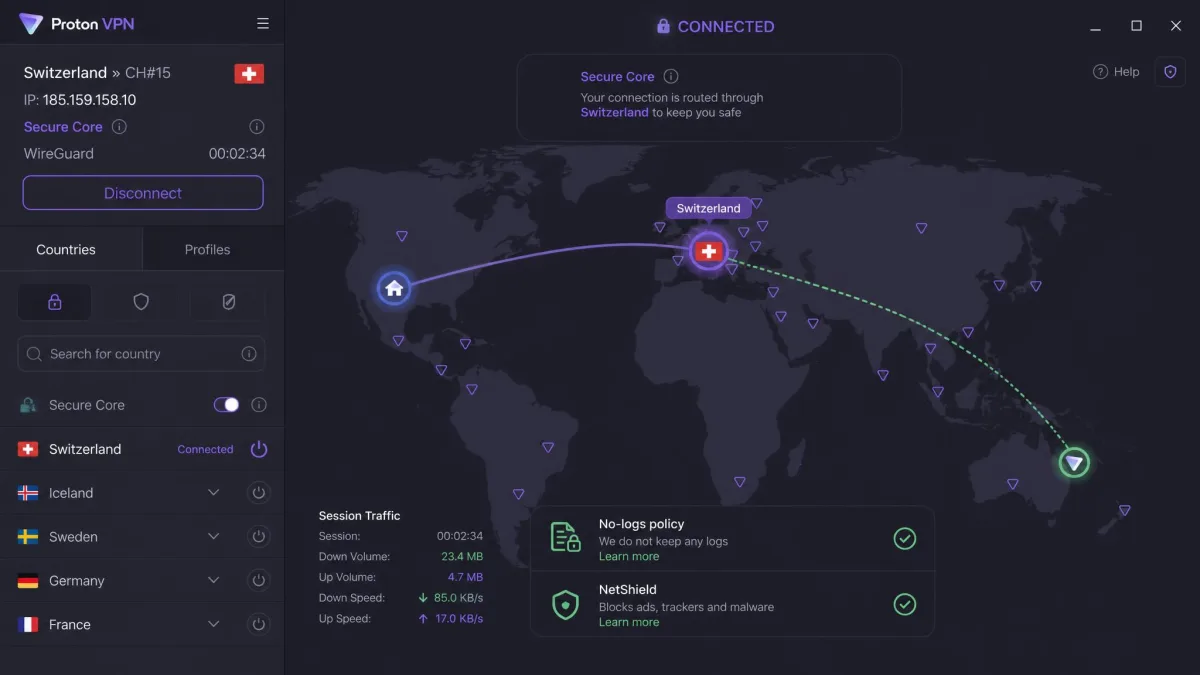 Proton VPN world map screen showing a Secure Core connection routed through Switzerland, with the no-logs and NetShield indicators visible.