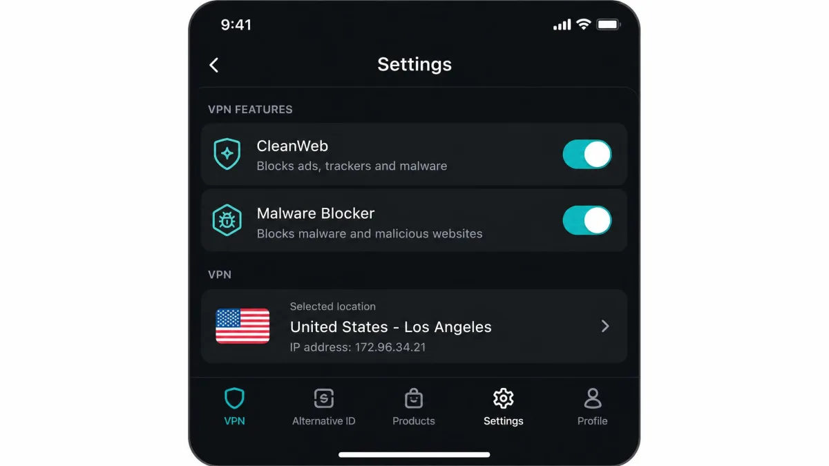 Surfshark mobile app settings screen with the CleanWeb ad and malware blocker toggled on and a US Los Angeles server selected.