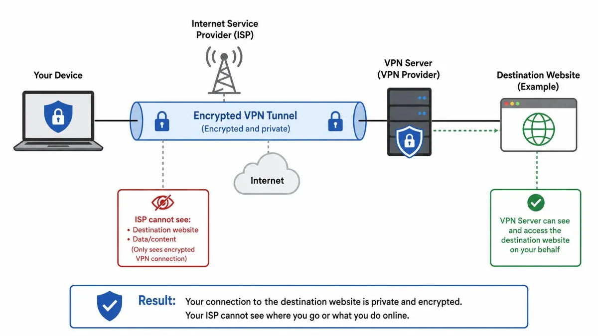 A simple diagram showing a device connecting through an encrypted VPN tunnel to a server, with the internet provider unable to see the destination site.