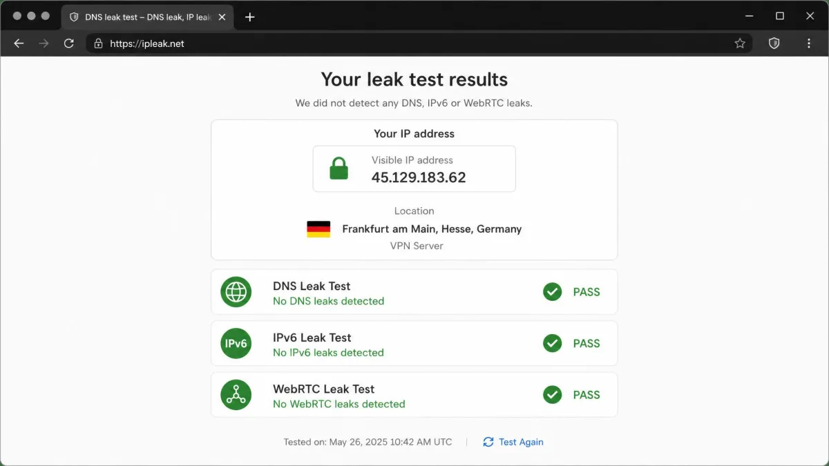 A DNS and IP leak test results page in a browser showing only the VPN server location, with green pass indicators for DNS, IPv6, and WebRTC leaks.