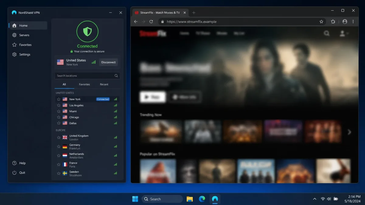 A VPN desktop app open next to a browser streaming a heavily blurred video site, showing a server list with US and European locations and a connected status indicator.