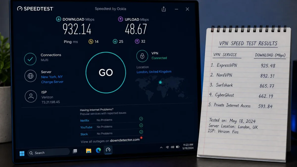 An Ookla Speedtest result on screen showing a high download rate while connected to a VPN, alongside a notepad of recorded speeds for five VPN services.
