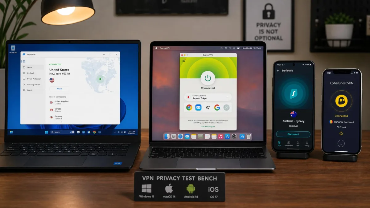 A desk with a Windows laptop, a MacBook, an Android phone and an iPhone side by side, each running a different VPN app connected to a server, used as the VPN privacy test bench.