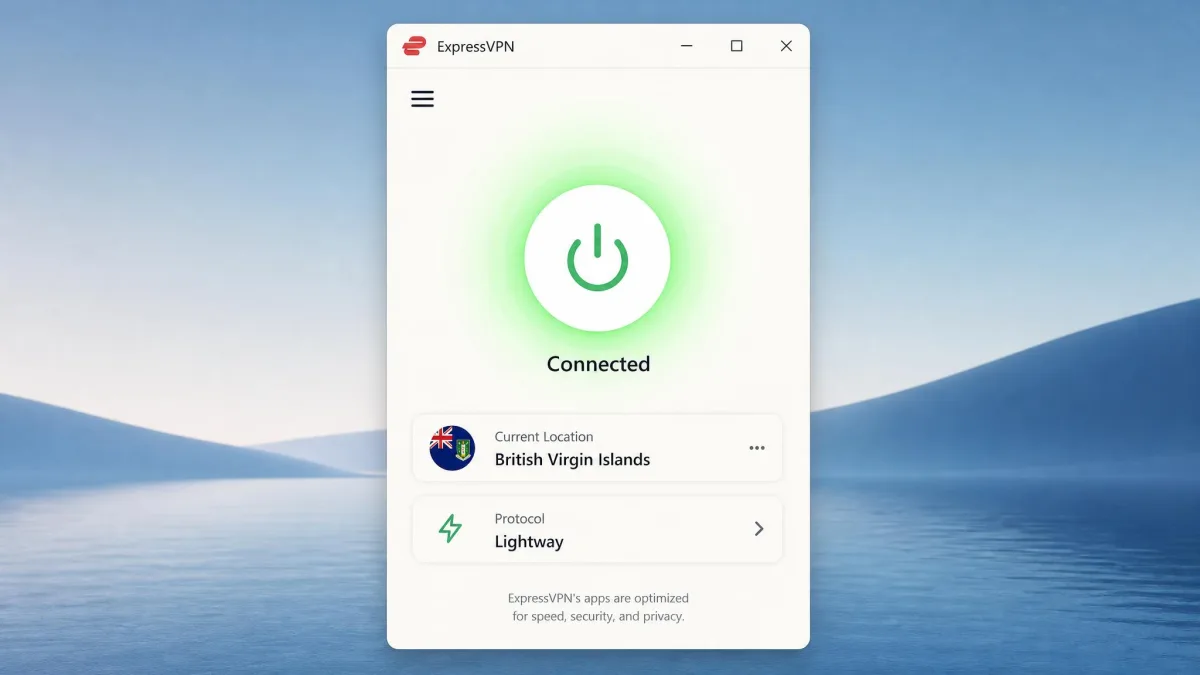 ExpressVPN's minimalist desktop app with a single large connect button lit green, showing a British Virgin Islands jurisdiction badge and the Lightway protocol selected.