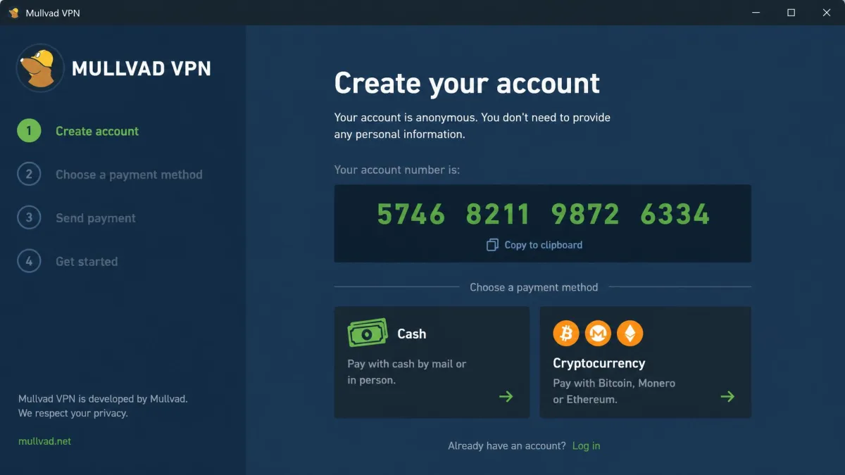 Mullvad's signup screen showing a randomly generated account number and no fields for email or personal details, with cash and crypto payment options listed.