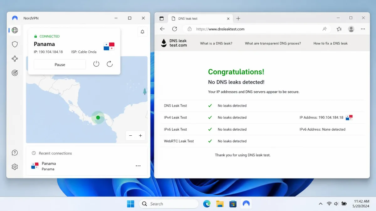 NordVPN connected to a Panama server on Windows, next to a browser leak-test page showing no DNS, IPv4, IPv6 or WebRTC leaks detected.
