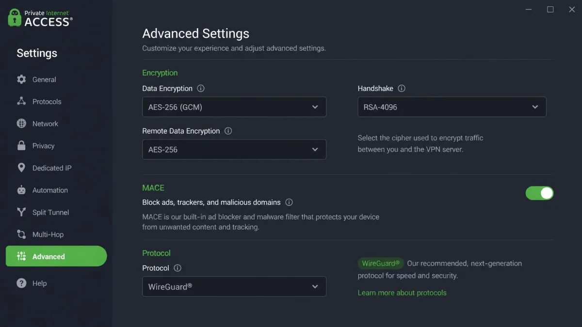 Private Internet Access's advanced settings panel showing encryption cipher options, the MACE ad-blocker toggle, and protocol selection, illustrating its deep configurability.