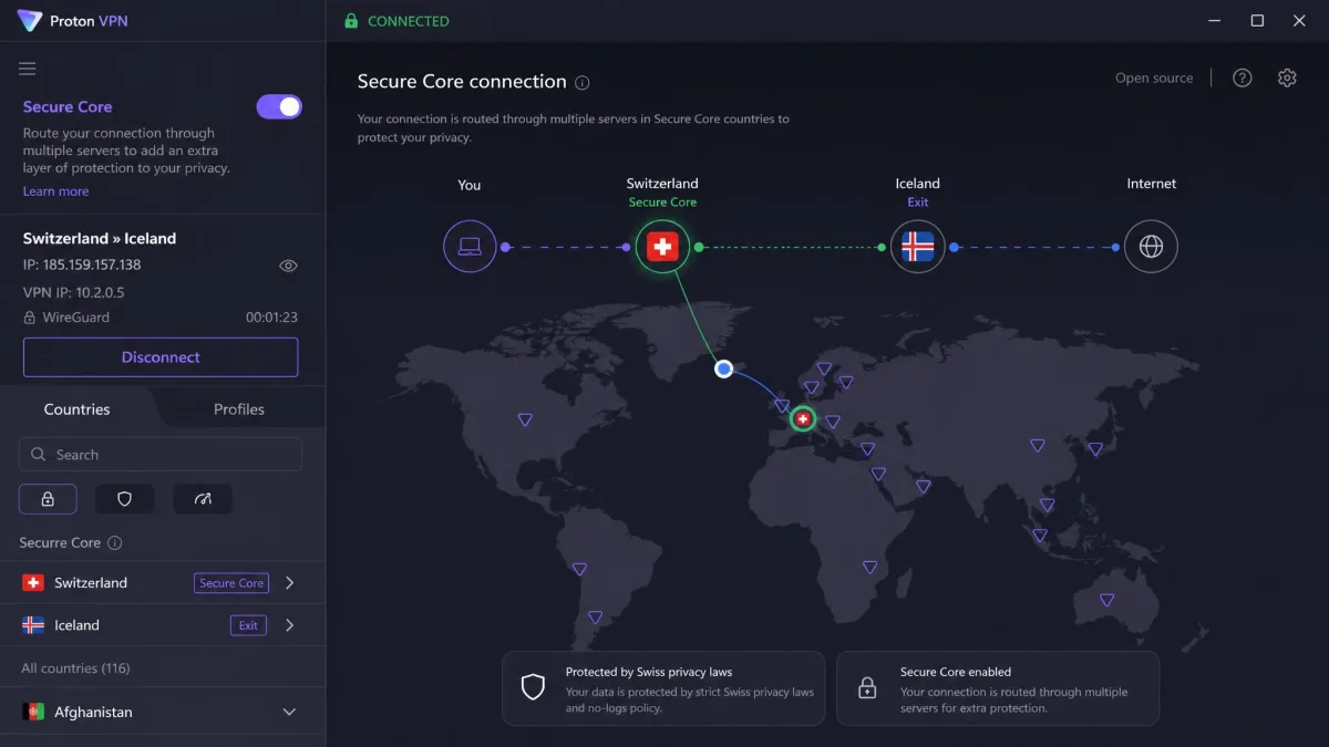 Proton VPN's Secure Core screen showing a connection routed through a Swiss server before exiting to a destination country, with the open-source app interface visible.