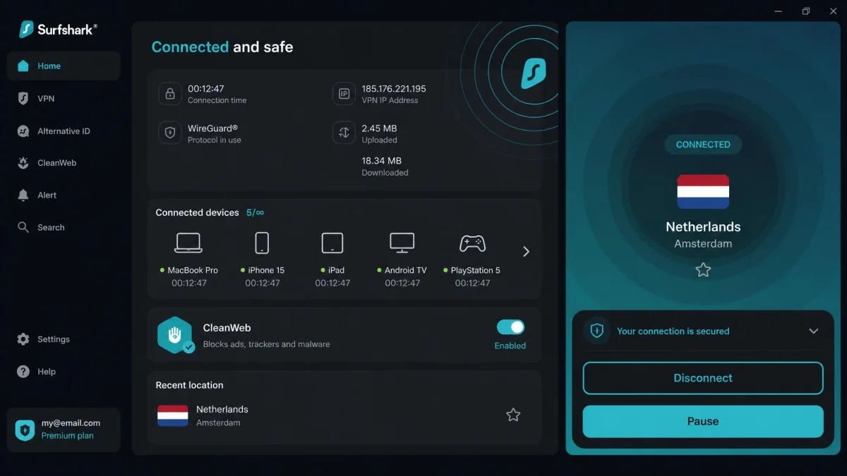 Surfshark's dashboard showing multiple connected devices at once with CleanWeb ad-blocking enabled and a Netherlands server selected.