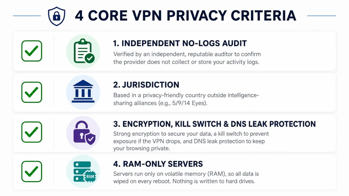 A checklist graphic showing the four core VPN privacy criteria: independent no-logs audit, jurisdiction, encryption with kill switch and DNS leak protection, and RAM-only servers.