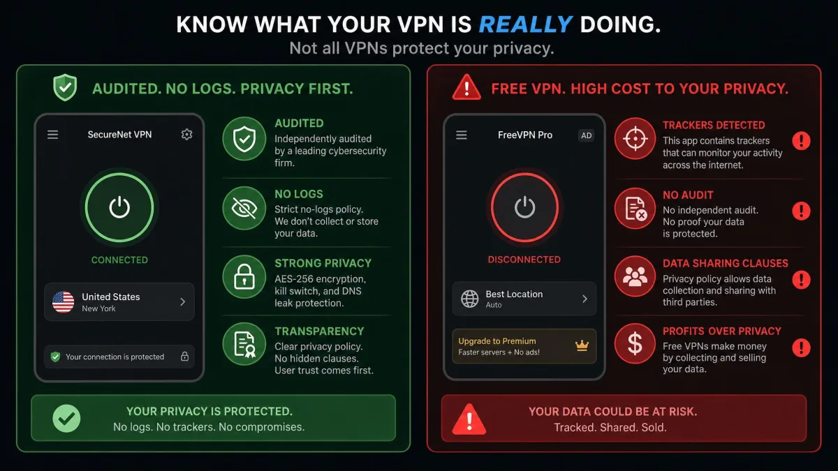 A comparison graphic contrasting an audited, no-logs VPN app against an unaudited free VPN app flagged with red warning markers for trackers, no audit, and data-sharing clauses.