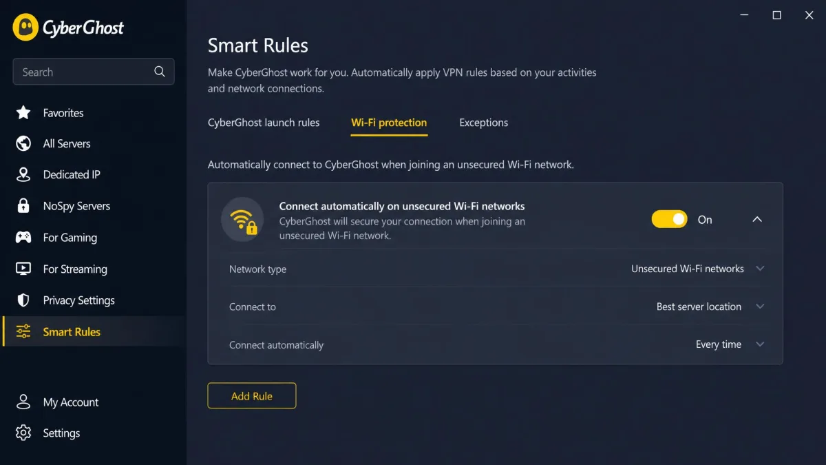 CyberGhost app showing the Smart Rules screen with a rule set to automatically connect the VPN when joining an unsecured Wi-Fi network.