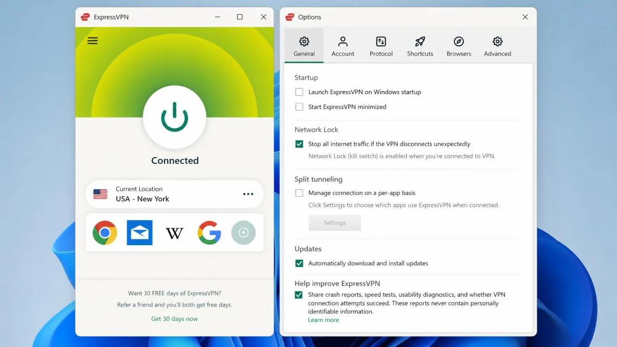ExpressVPN app displaying the Network Lock kill switch option enabled in the settings menu, with a connected server location shown at the top.