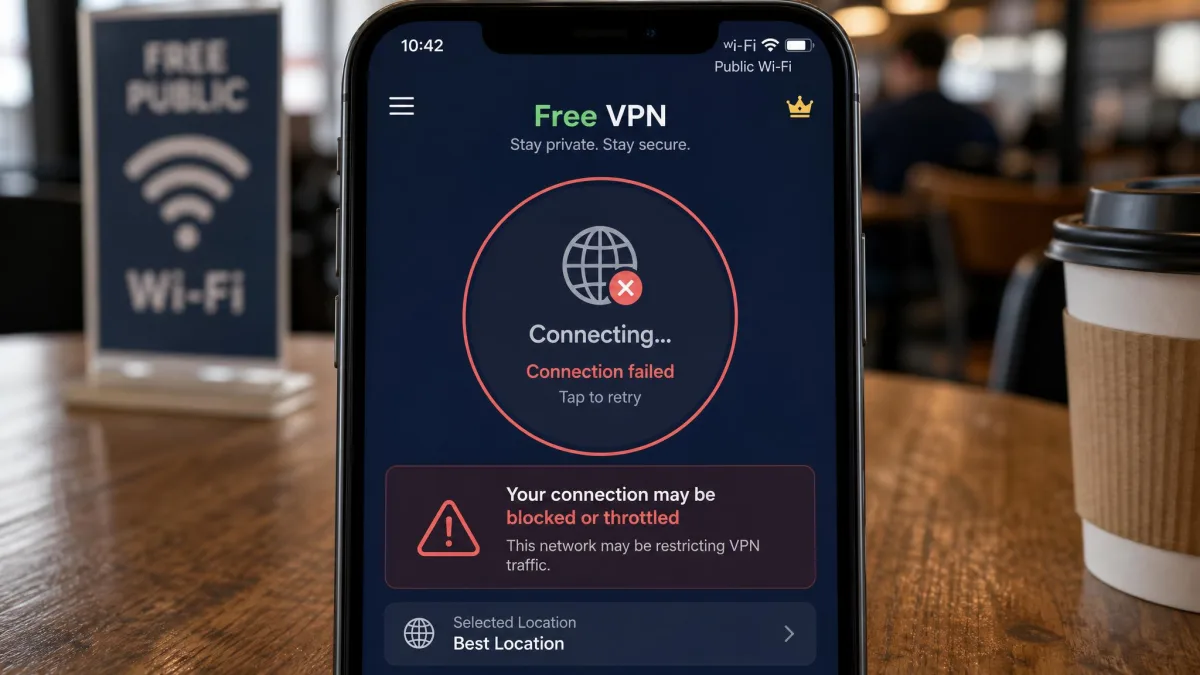 A phone screen showing a free VPN app failing to connect on a public Wi-Fi network with a blocked or throttled connection warning.