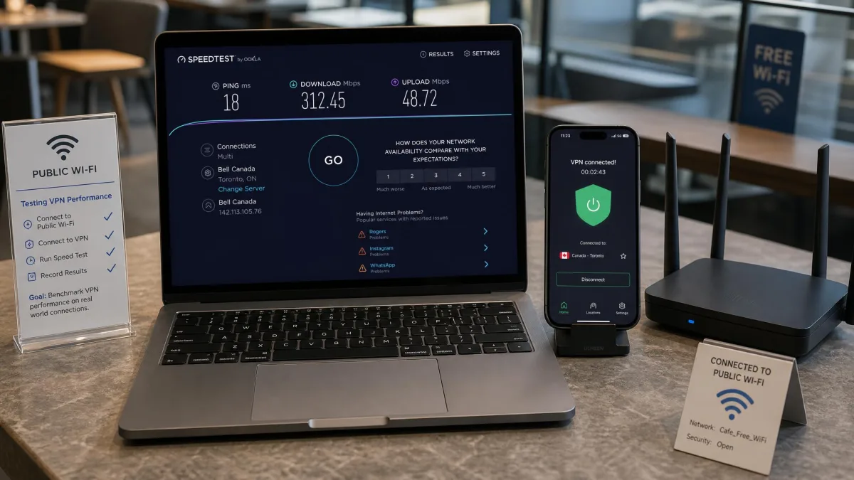 A testing bench with a laptop running a network speed test, a phone showing a VPN app, and a router, used to benchmark VPN performance on a public Wi-Fi connection.