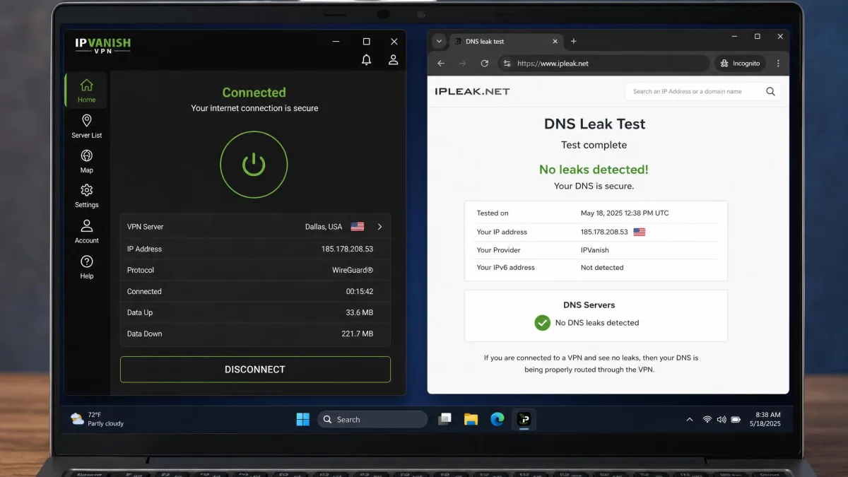 IPVanish connected over WireGuard on a laptop alongside a DNS leak test results page showing no leaks detected on a public network.