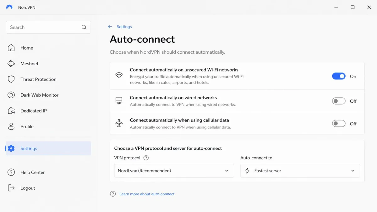 NordVPN desktop app showing the auto-connect settings screen with the option to connect automatically on unsecured Wi-Fi networks toggled on.