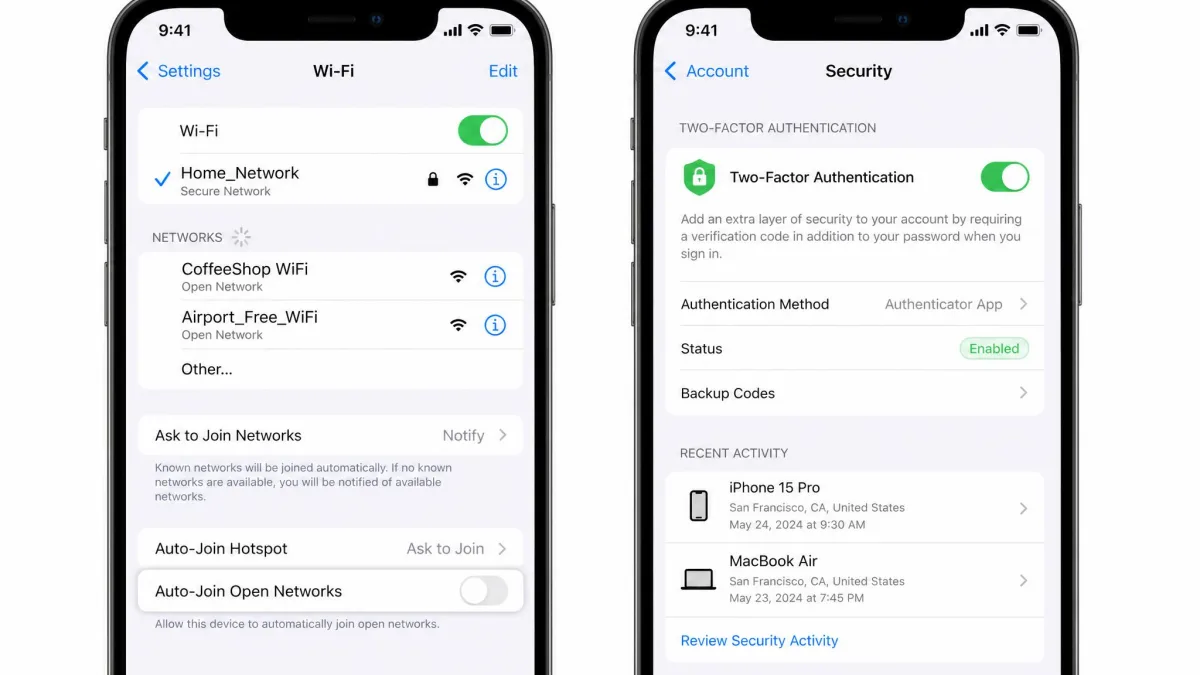 A phone Wi-Fi settings screen with the auto-join option for open networks turned off and two-factor authentication being enabled in a separate account panel.