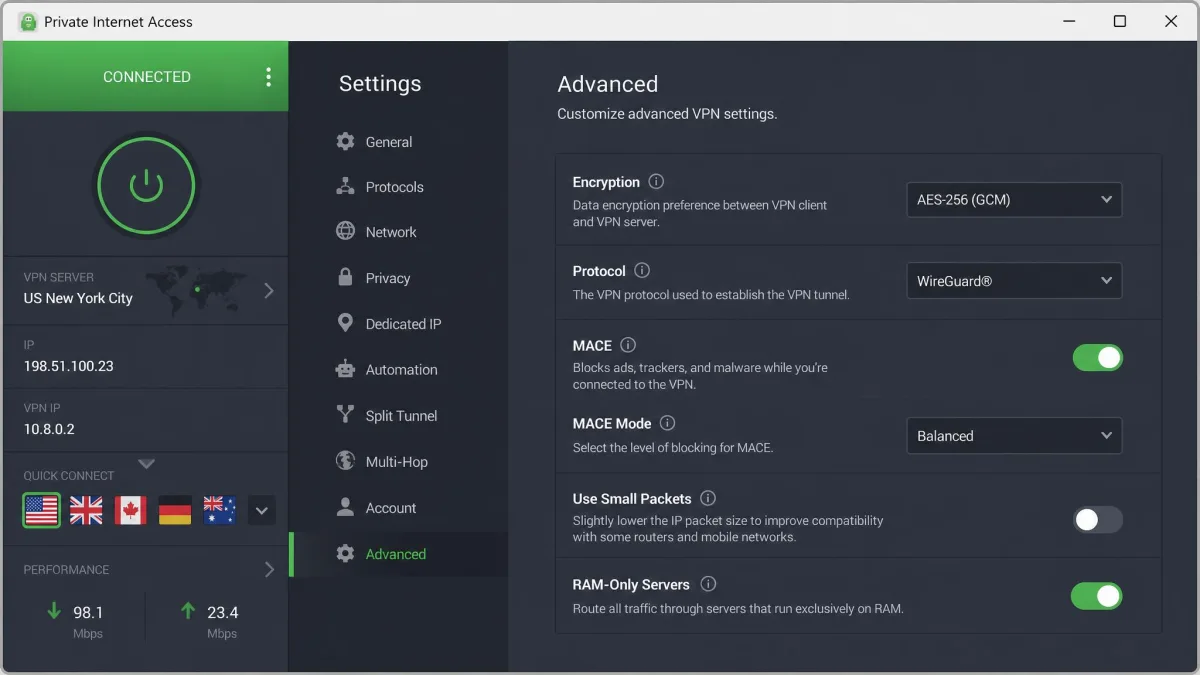 Private Internet Access desktop app with the advanced settings panel expanded, showing encryption, protocol, and MACE ad-blocker toggles.