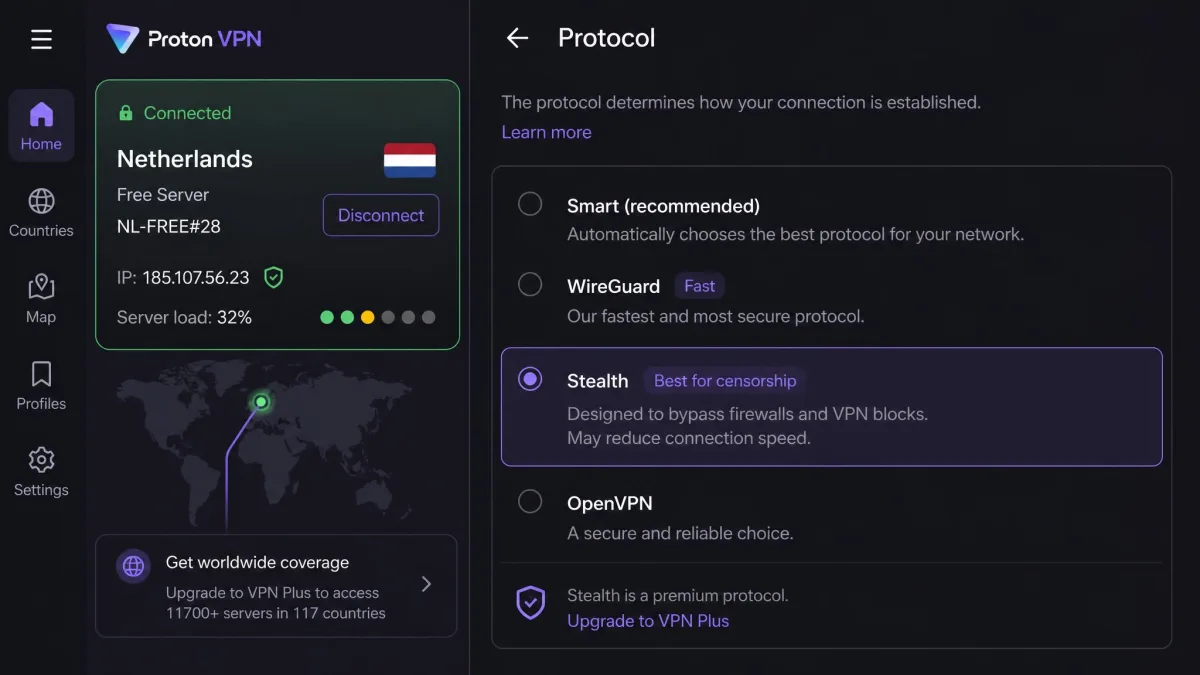 Proton VPN app showing the protocol selection screen with Stealth highlighted and a free server location connected, the server load indicator visible.