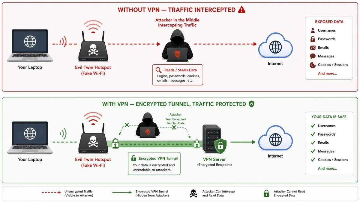 A diagram showing a laptop connecting through a fake evil-twin hotspot to the internet, with an attacker intercepting traffic in the middle, contrasted with an encrypted VPN tunnel.