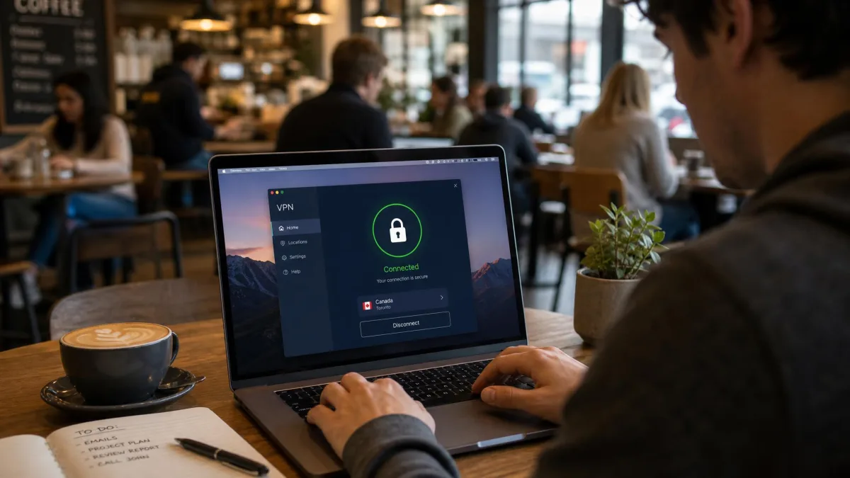 A person working on a laptop at a busy cafe table with a VPN app connected and a padlock icon visible in the app window, other patrons blurred in the background.