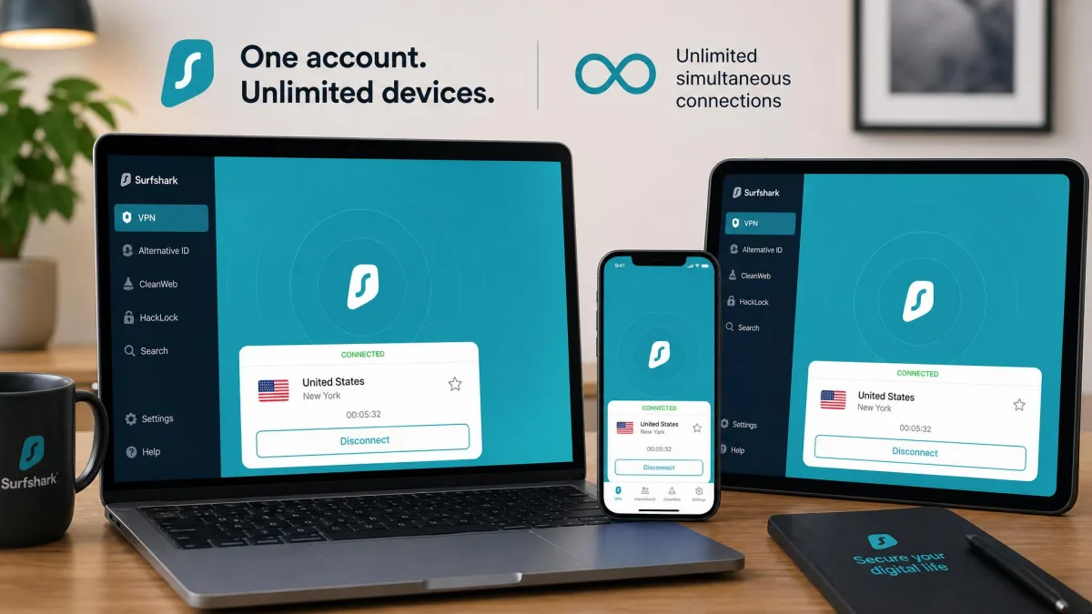 Surfshark app open on a laptop next to a phone and tablet all showing an active VPN connection, illustrating unlimited simultaneous device coverage.