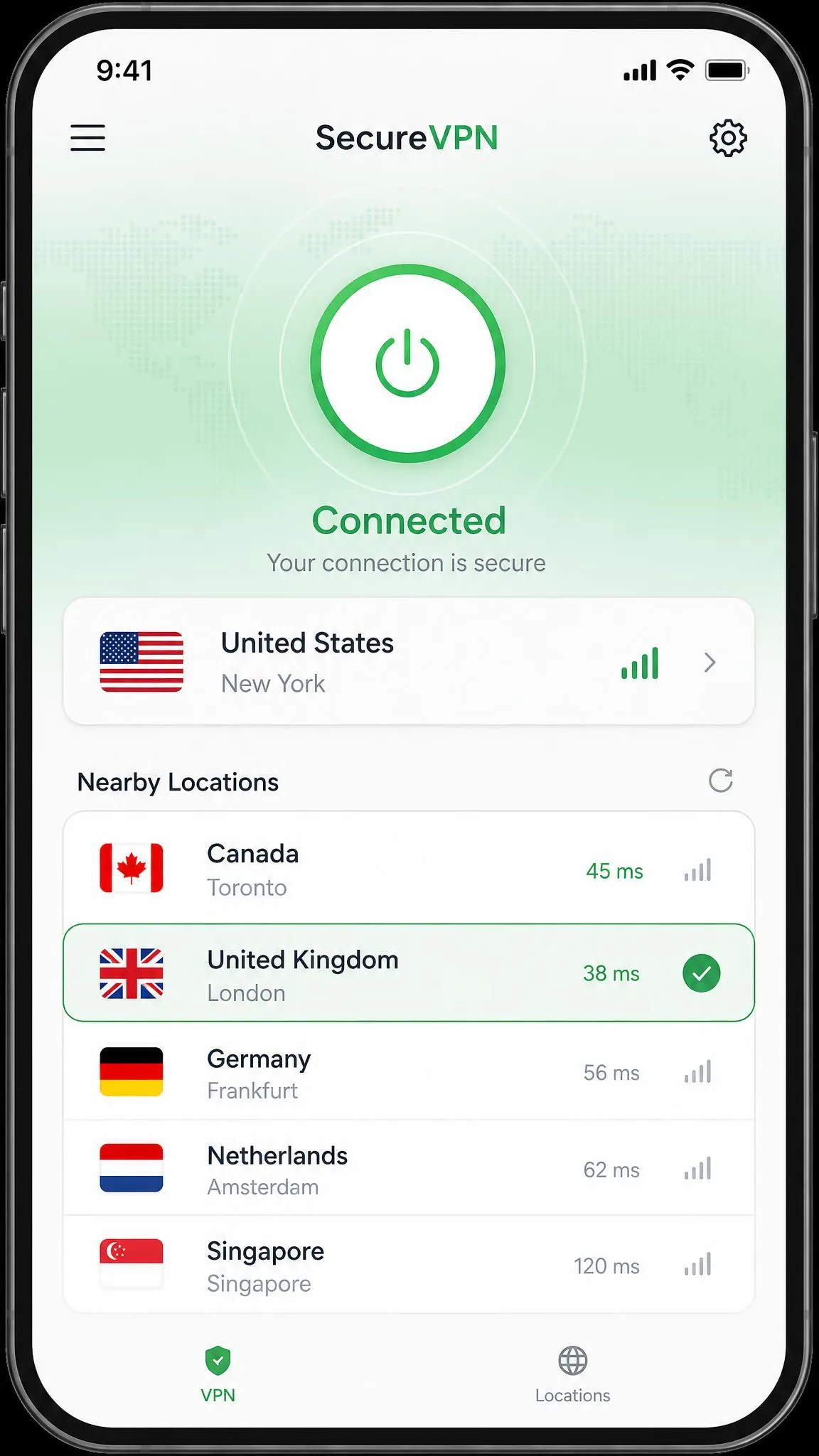 A smartphone VPN app showing the connect button and a list of nearby server locations, with one server selected and the connection status shown as connected.