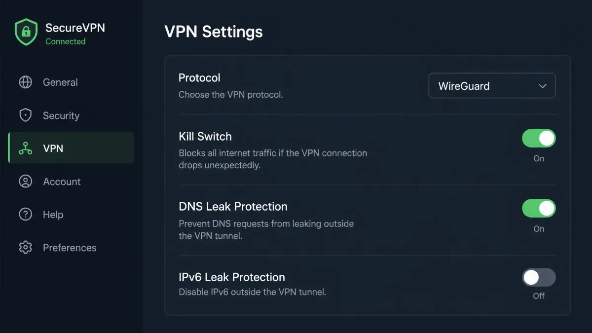 A VPN settings screen with the kill switch and DNS leak protection options both toggled on, and the protocol set to WireGuard.