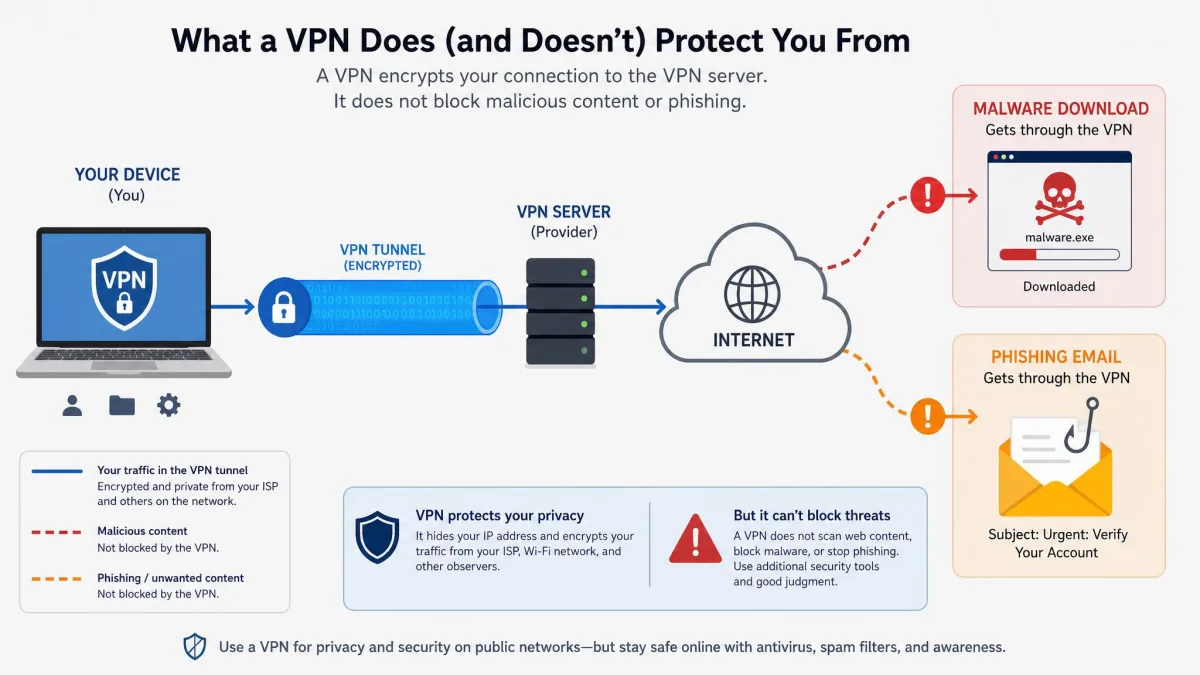 An illustration showing a VPN tunnel protecting network traffic while a separate malware download and a phishing email get through, indicating threats a VPN cannot block.