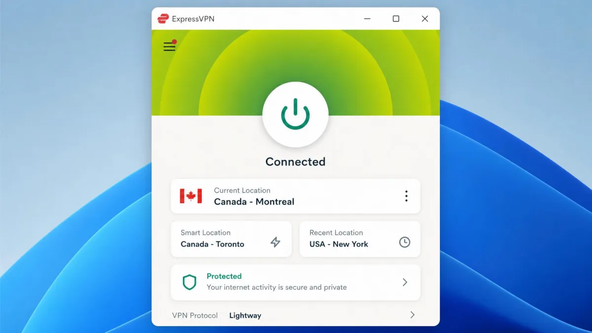 The ExpressVPN app connected to a Canada Montreal server using the Lightway protocol, with a green connected indicator and the location shown in the main panel.