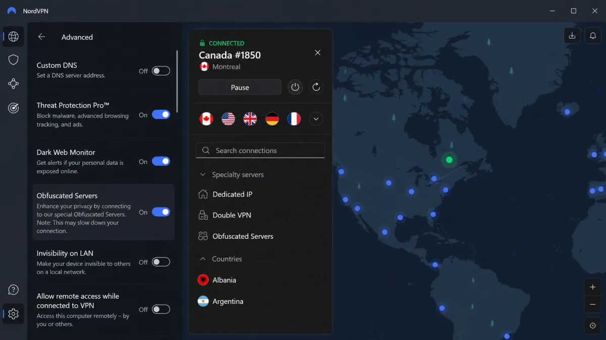 The NordVPN desktop app with the Obfuscated Servers option enabled in advanced settings, and a Canada Montreal server connected in the main window.