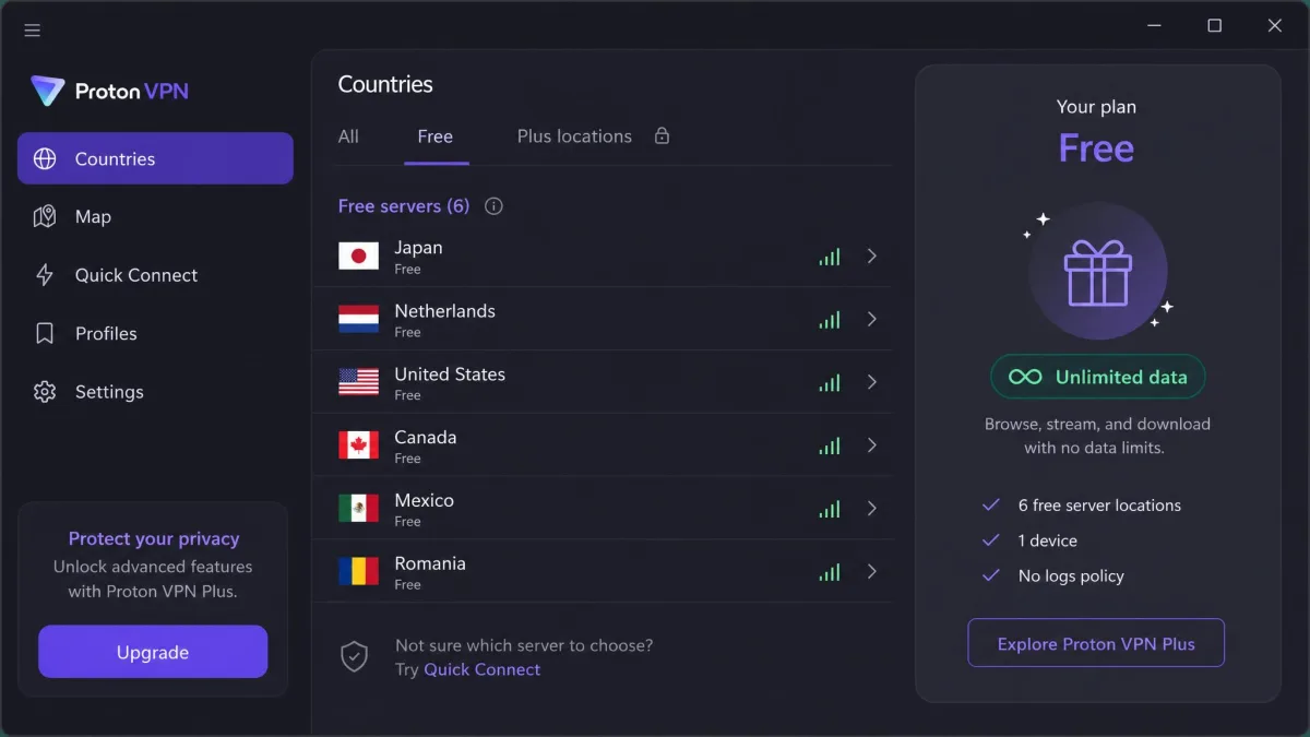 The Proton VPN app showing its free server list with Canada and Mexico locations available, and an "unlimited data" badge visible in the free plan panel.