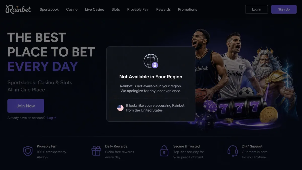 A Rainbet homepage showing a geo-restriction error message when accessed from a United States IP address, with a "not available in your region" notice centered on the page.