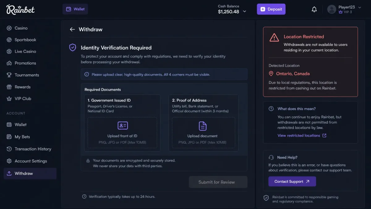 A Rainbet account withdrawal screen requesting KYC identity verification documents, highlighting where a restricted real-world location can surface at cash-out.