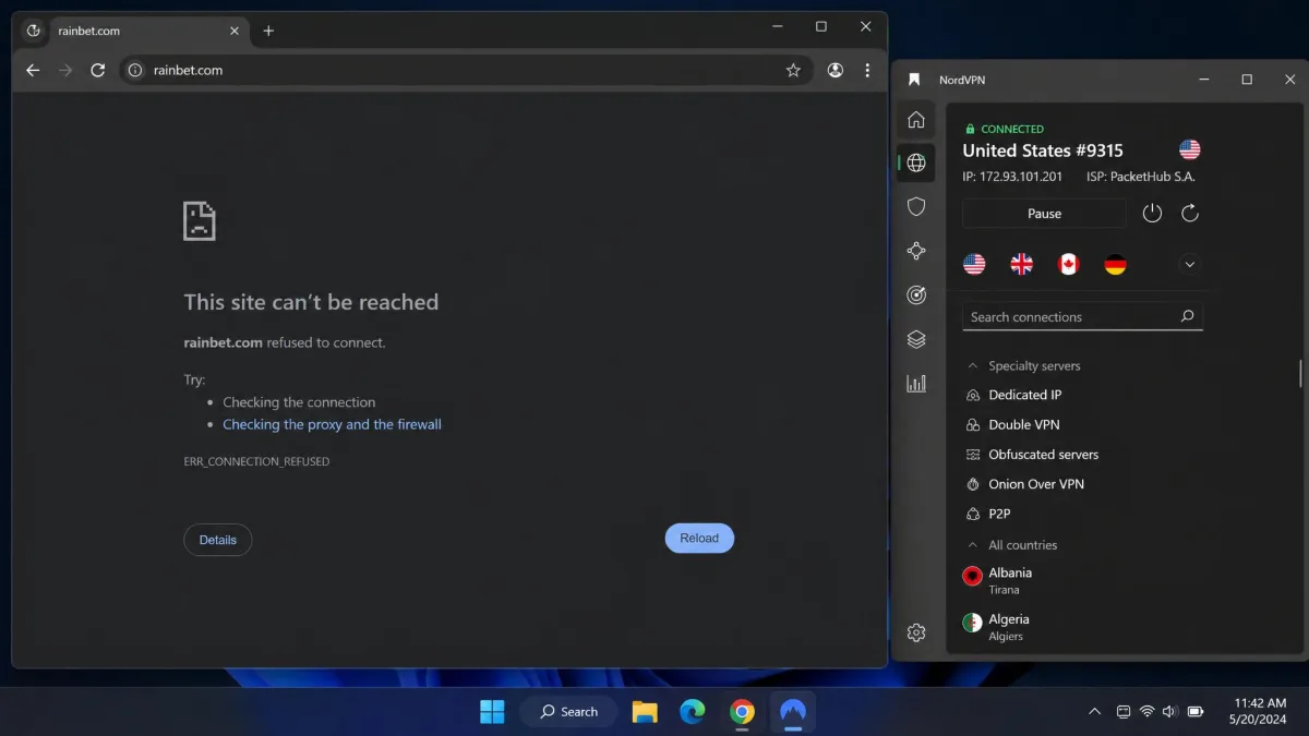A browser showing Rainbet failing to load behind a non-obfuscated VPN connection, with a connection-refused message and the VPN app connected in the background.