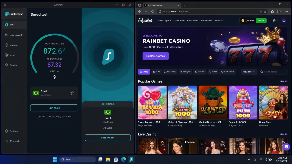 A Surfshark speed test result on a Brazil server showing high download throughput, next to the Rainbet casino lobby loaded successfully in a browser window.