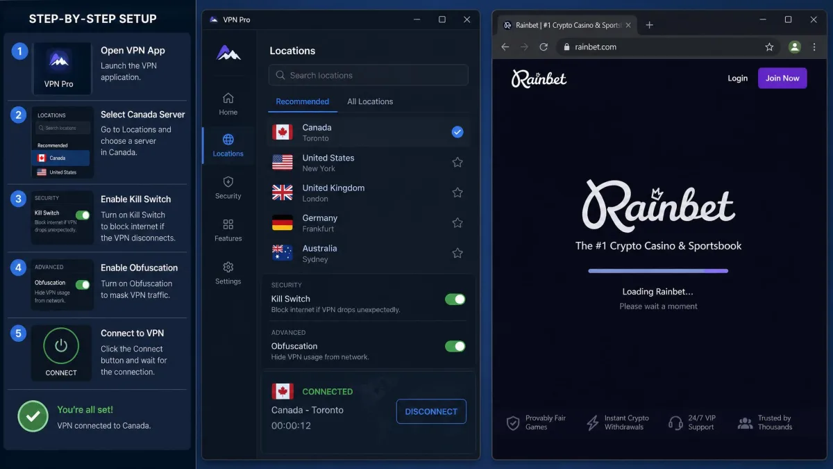 A step-by-step setup view of a VPN app connecting to a Canada server with the kill switch and obfuscation toggles both enabled, and Rainbet loading in an adjacent browser tab.