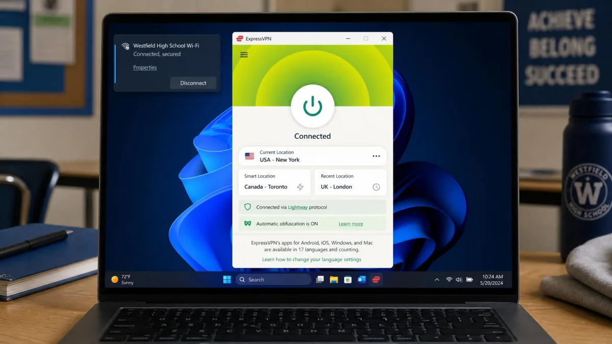 ExpressVPN app on a laptop connected via the Lightway protocol on a school Wi-Fi network, with the automatic obfuscation indicator visible.