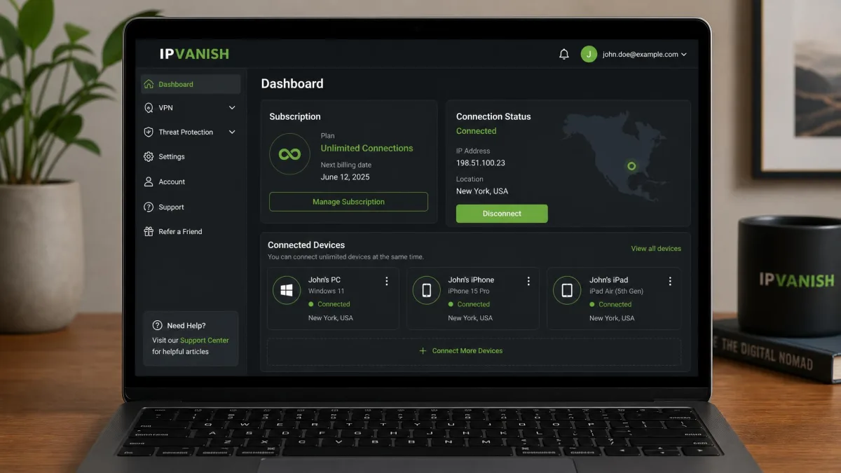 IPVanish account dashboard on a laptop showing multiple connected devices at once, including a PC, phone, and tablet, on the unlimited connections plan.