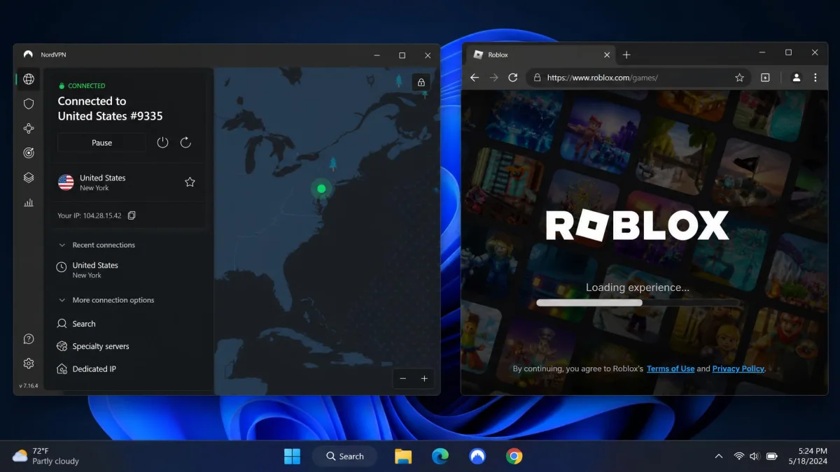 NordVPN desktop app connected to a nearby server with a green connection status, shown next to an open Roblox experience loading in a browser window.