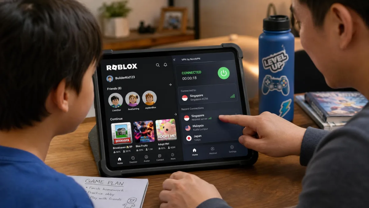 A parent helping a child set up a VPN app on a tablet with Roblox open, showing a nearby server selected and the connection active.