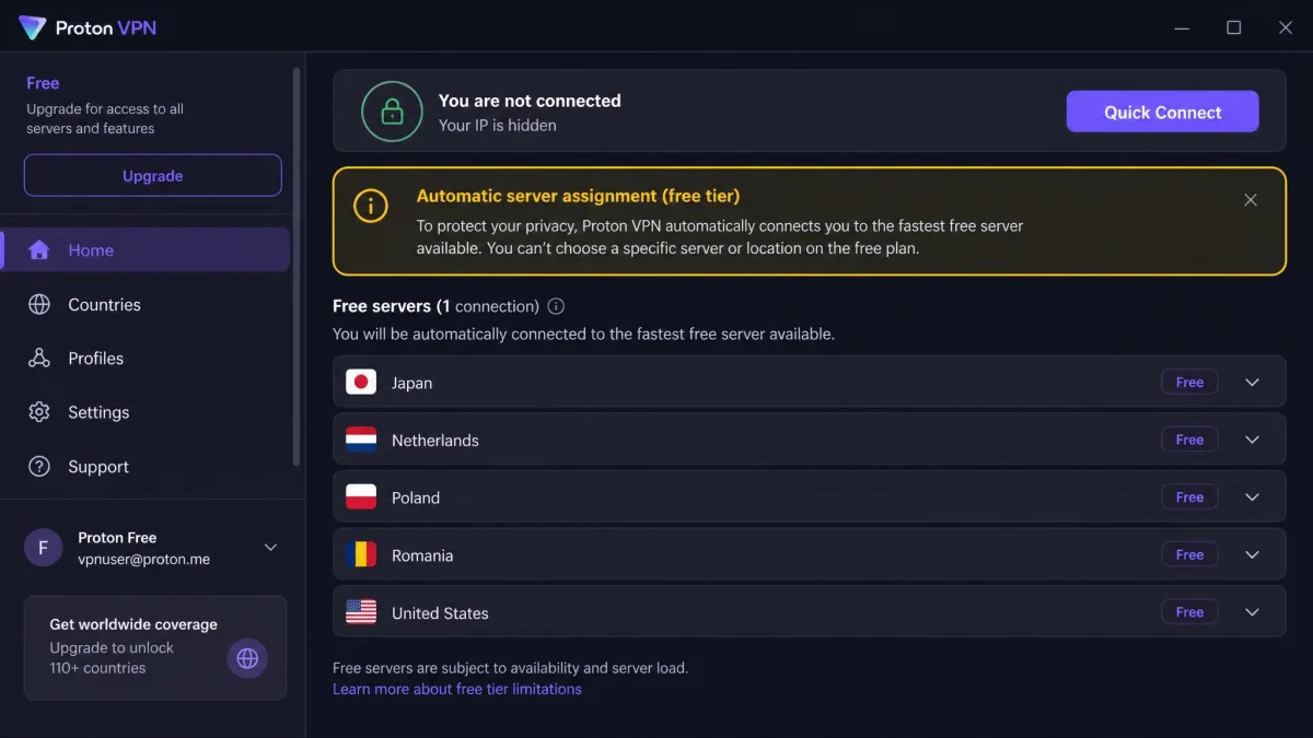 Proton VPN free tier interface showing the list of available free server countries with the automatic server assignment notice highlighted.