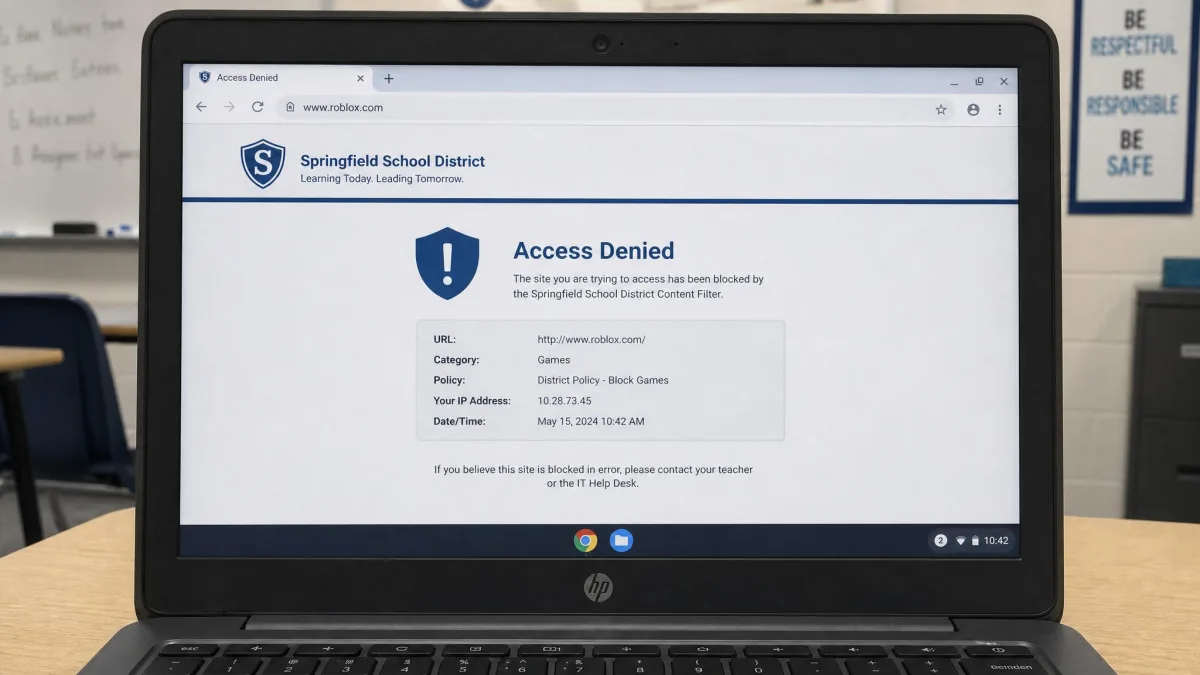 A laptop screen on a school network showing a content filter block page where the Roblox website has been denied access.