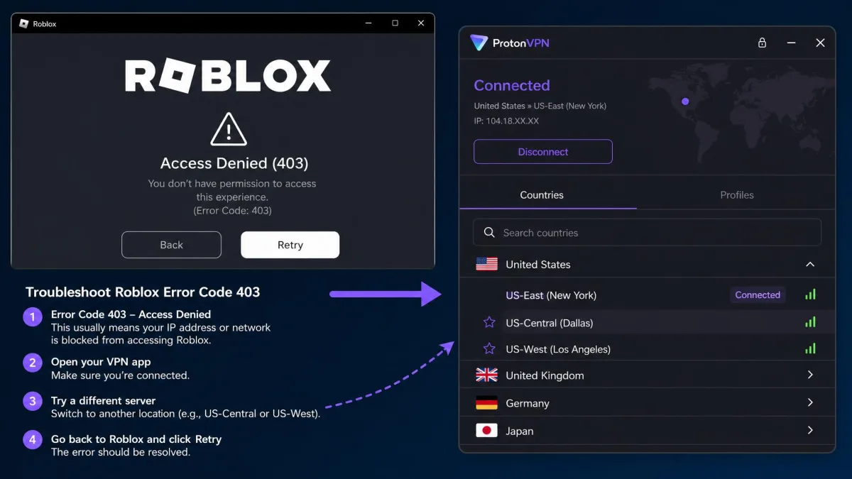 Roblox error code 403 access denied message on screen next to a VPN app, illustrating the connection troubleshooting steps of switching servers.