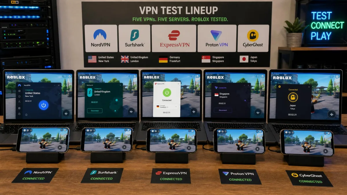 Five VPN apps open side by side on a desk of test laptops and phones, each connected to a nearby server with Roblox running, representing the tested lineup.