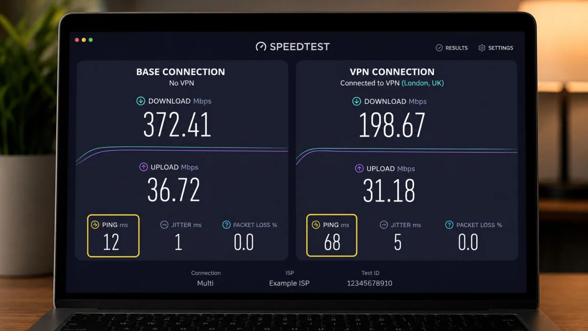 Side-by-side speed test results on a laptop showing base connection download speed next to the same connection on a VPN, with ping figures highlighted for both.