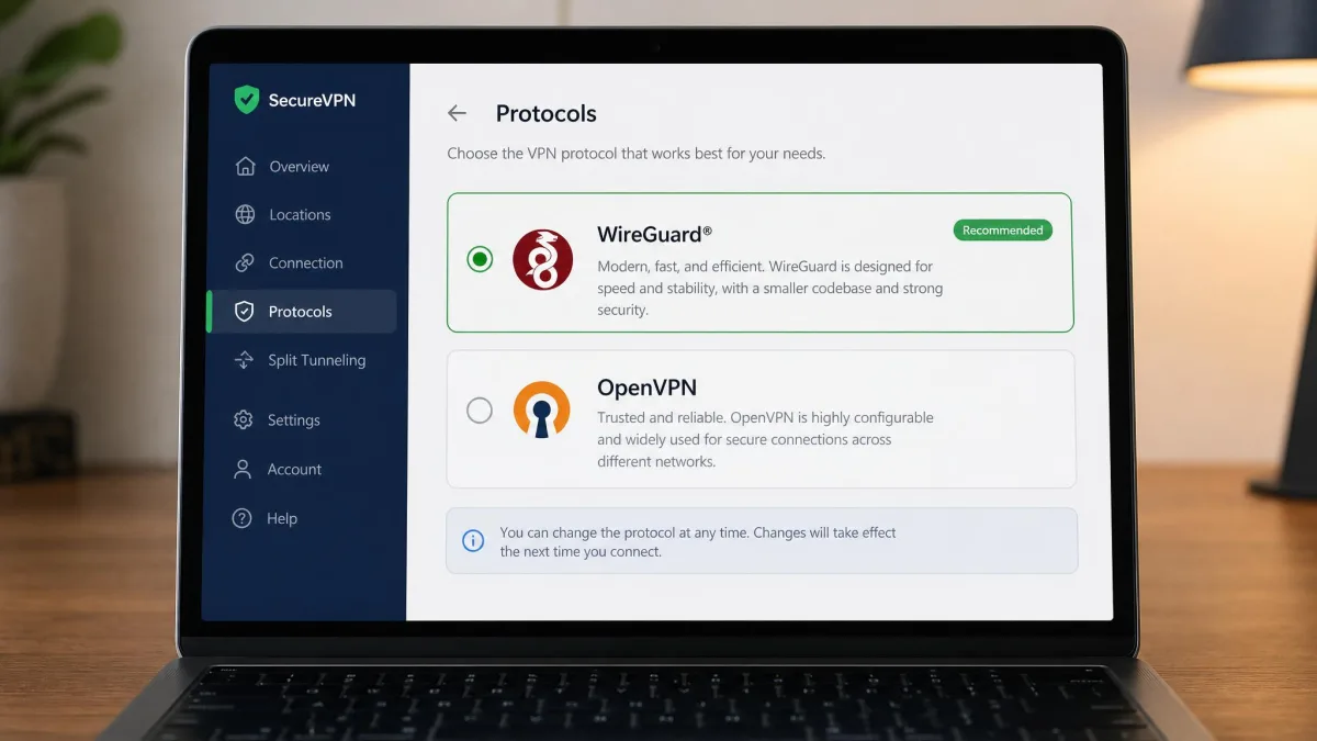 A VPN app protocol settings screen on a laptop showing WireGuard selected over OpenVPN, with a short description of each protocol beside the options.