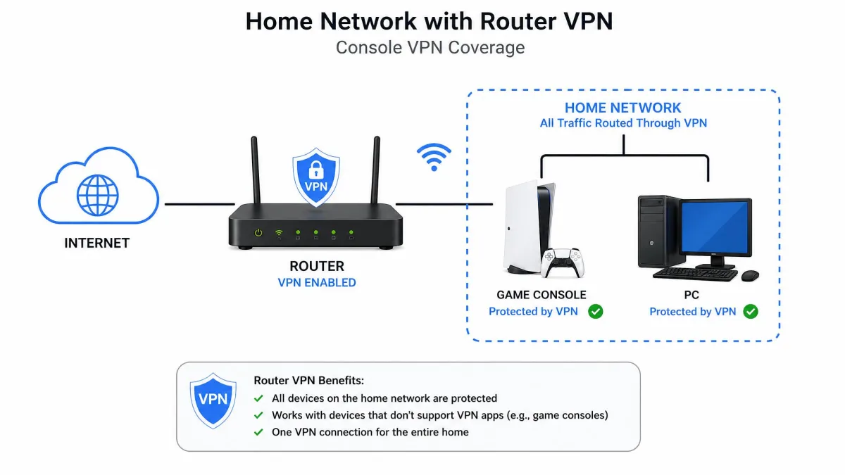 A simple home network diagram showing a VPN configured on a router with a game console and PC connected behind it, illustrating console VPN coverage.